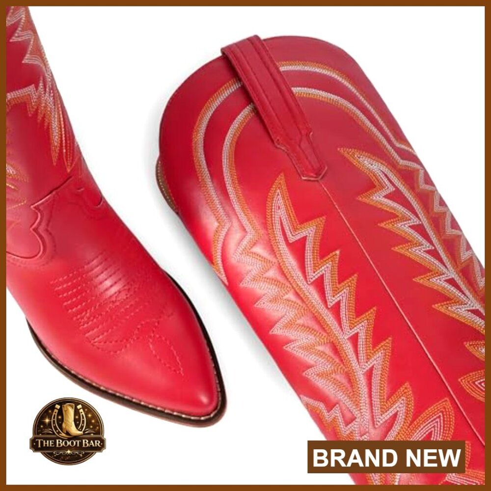 Knee High Cowgirl Boots with Embroidered Pointed Toe Chunky Heel Pull On - Picture 2 of 7